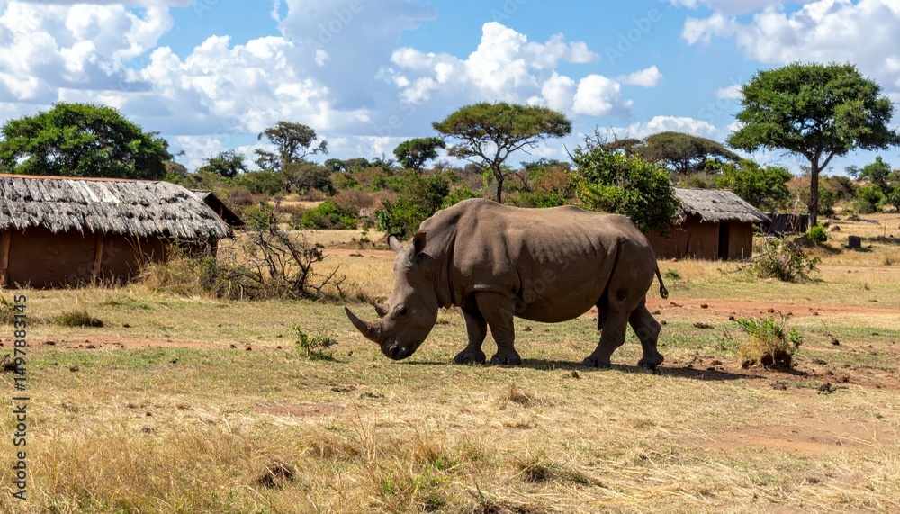 Naklejka premium Majestic Black Rhino in Maasai Protection Area Near Farmhouses