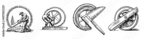 Vintage Illustrations of Woodworking Tools and Logging Scenes, logo design, engraving design, vector illustration