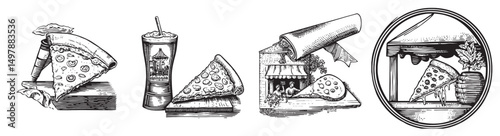 Vintage Style Illustrations of Pizza Slice and Drink in Black and White, logo design, engraving design, vector illustration