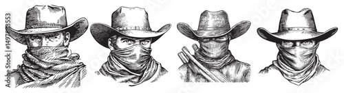Vintage Cowboy Portraits with Bandanas and Wide Brim Hats, logo design, engraving design, vector illustration