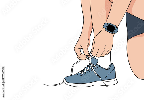 A young adult woman laces up running shoes, preparing for a business run. Modern illustration style, vibrant colors, and clear focus on action. Perfect for fitness and business themes.