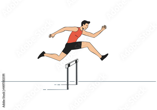 A male athlete leaps over a hurdle during a race. Dynamic action shot, vibrant colors, clear composition. Ideal for sports, fitness, and achievement themes.