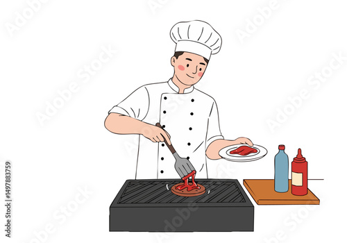 A smiling chef expertly grills a burger on a grill, showcasing culinary skills. Bright, inviting, and perfect for food-related visuals.