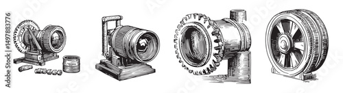 Vintage Technical Illustrations of Various Mechanical Devices, vintage retro hipster logo design, vector illustration, engraving design