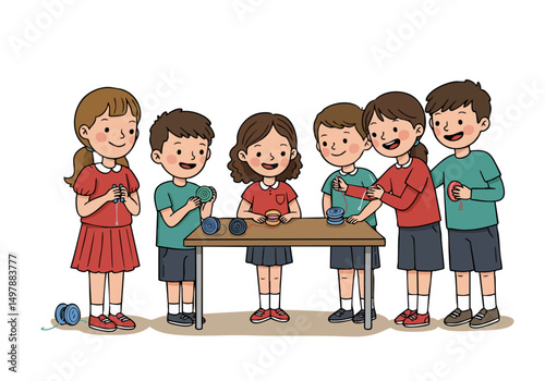 Children happily craft friendship bracelets at a table. A vibrant, playful scene showcasing teamwork and creativity. Ideal for education and family themes.