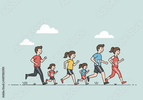 A family runs together in a fun trot race. Diverse family members enjoy a healthy activity and bonding moment. Bright, cheerful illustration.