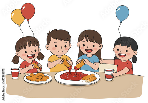 Four children laugh joyfully while dipping chicken nuggets into sauce at table Bright colors and playful expressions create a happy inviting scene Perfect for food family and celebration themes