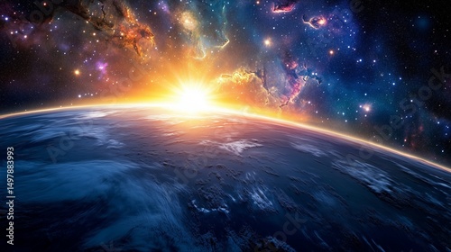 The planet's edge is lit by a rising sun as galaxies and stars weave a colorful tapestry in the darkness beyond Earth's horizon. photo