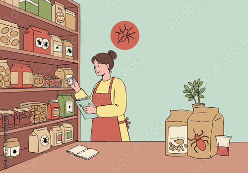 A friendly female shop assistant examines pantry pest control products in a bright, stylized grocery store. Clean lines and a playful bug illustration add visual interest. Suitable for commercial use.
