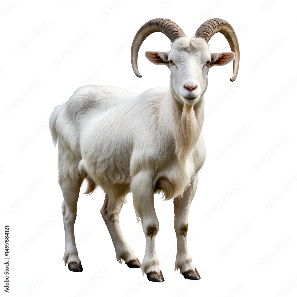 Fototapeta premium Majestic white goat standing isolated transparent background farm animal