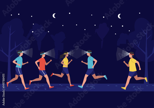 A group of runners illuminate a nighttime trail with headlamps. Dynamic, energetic, and visually striking, perfect for fitness and adventure themes.