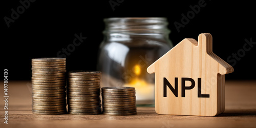 Wallpaper Mural Wooden house model with NPL text and stacked coins on table with candlelight in background symbolizing real estate npl concept Torontodigital.ca