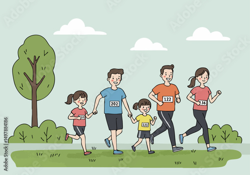 A happy family runs together in a park, participating in a race. They wear race bibs and enjoy a family bonding activity. Bright, cheerful illustration.