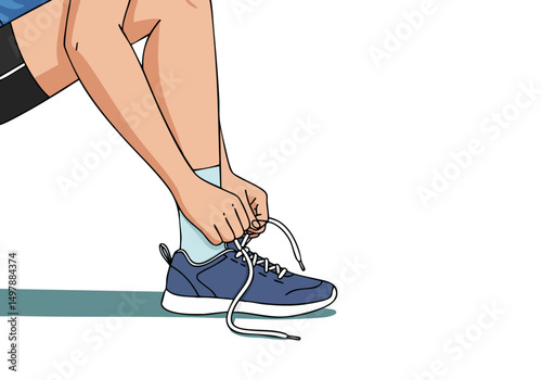 A young man laces up his running shoes, preparing for a workout. Dynamic action shot with focus on feet and sneakers. Clean, modern style.