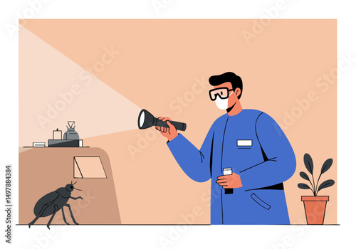 A man in protective gear uses a flashlight to inspect a bug in a dimly lit room.  Illustrative, modern style.
