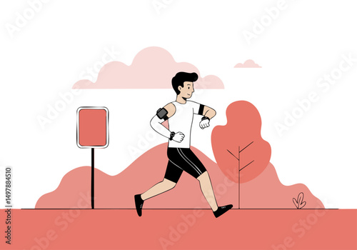 A man runs outdoors, tracking his pace with a smartwatch. A sign displays 134 bpm. Modern, active lifestyle illustration.
