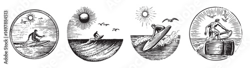 Vintage Surfing Illustrations for Ocean and Beach Theme Designs, vintage retro hipster logo design, vector illustration, engraving design
