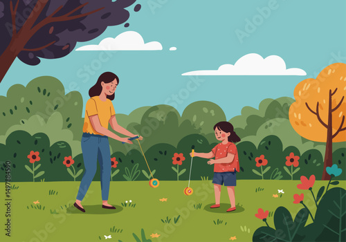 A mother and daughter enjoy a playful moment outdoors, tossing a toy.  Warm colors, soft focus, and a joyful family connection. Perfect for lifestyle and family imagery.