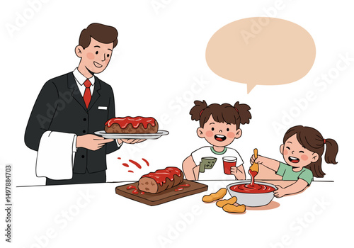 A professional waiter presents a meatloaf with sauce to a young girl and her sister, both enjoying dipping chicken nuggets. A cheerful scene showcasing family mealtime and delicious food.