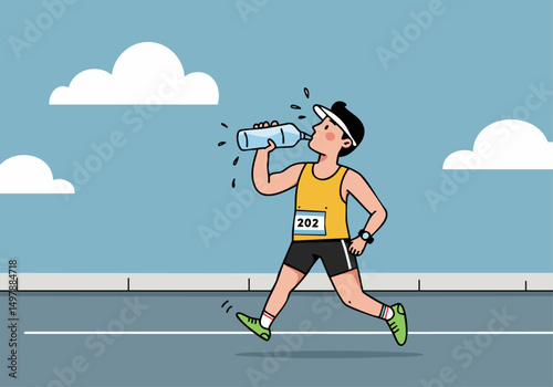 runner hydrates during a marathon showcasing endurance and determination Bright dynamic illustration with a clear focus on hydration and athletic performance
