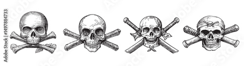 Explore a collection of vintage skull and crossbones illustrations perfect for pirate-themed designs. Unique artwork featuring classic, monochrome styles.