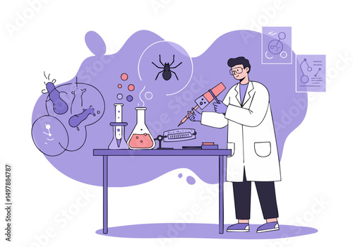 A scientist works in a modern lab, surrounded by scientific equipment and research elements. A clean, vibrant illustration style.