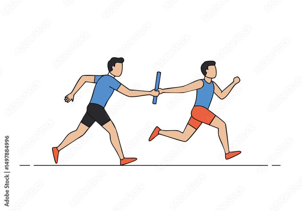 Fototapeta premium Two athletes pass a baton during a relay race, embodying teamwork and spirit. Dynamic illustration with a clean, modern style. Perfect for motivational content.