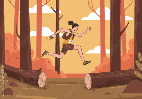 A female trail runner leaps across logs in a forest, energized and focused. Vibrant autumn colors and a dynamic composition create a visually appealing image for active lifestyle marketing.