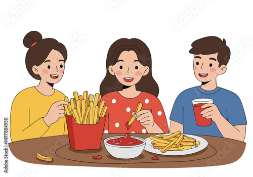 Three friends enjoy a casual meal of french fries and drinks. A bright, cheerful scene with a focus on friendship and relaxed dining. Perfect for food, lifestyle, or family themes.