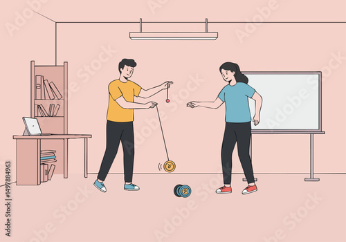 Two young adults playfully spin a yo-yo in a bright classroom setting. A whiteboard and bookshelves add a learning atmosphere.  Ideal for education and leisure concepts.