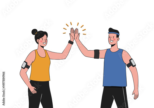 Two active individuals give high-five radiating positivity and motivation Bright colors and a dynamic composition create an energetic and uplifting image suitable for fitness and wellness campaigns