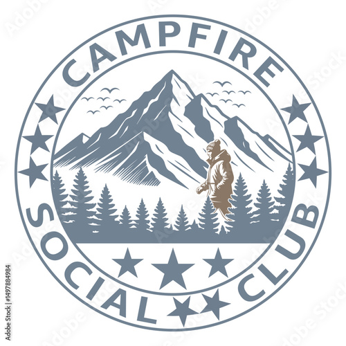 Campfire Society Club – Vintage Camping Badge Design | Mountain and Tent Vector T-Shirt