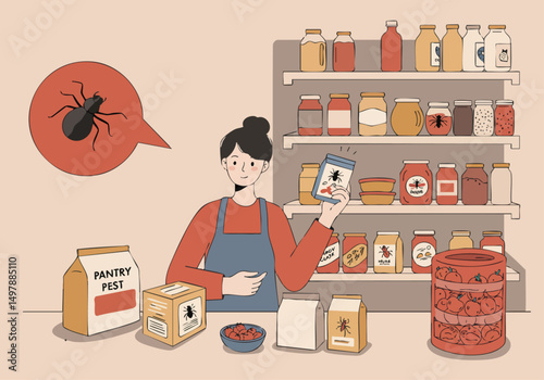 A woman holds a pantry pest guard product, showcasing a shelf stocked with canned goods. A speech bubble indicates a bug. Clean, modern illustration style.