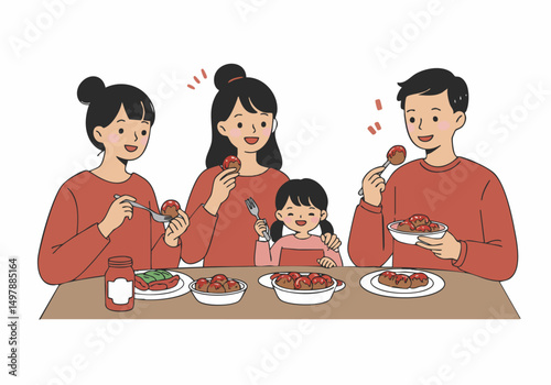 A warm family scene enjoying a comforting meatball dip.  Smiling faces and a cozy atmosphere create a delightful, inviting image perfect for food marketing.