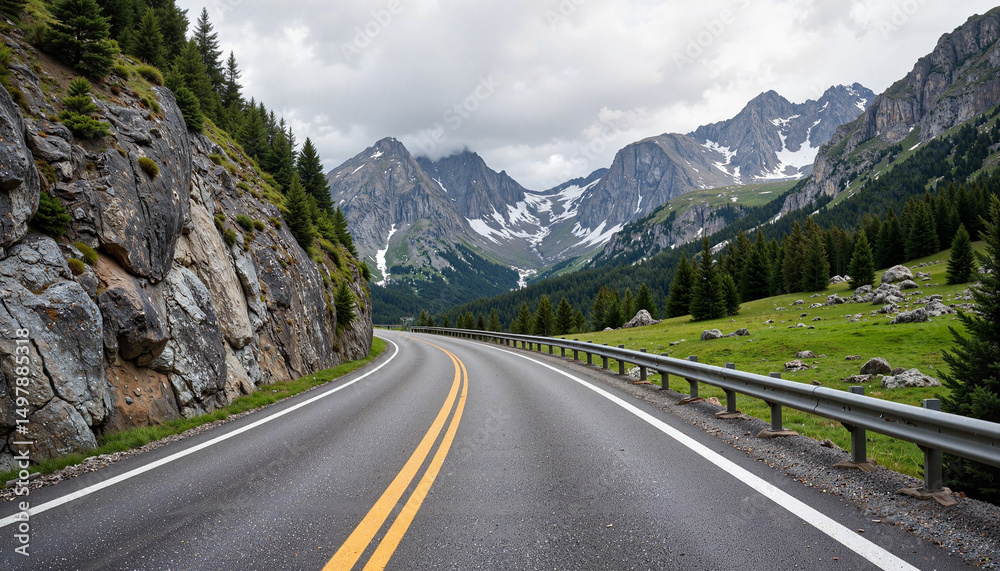 Fototapeta premium Scenic winding road through mountainous landscape with greenery 