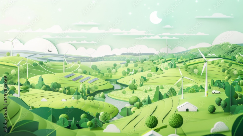 Naklejka premium Sustainable Landscape with Wind Turbines and Solar Panels