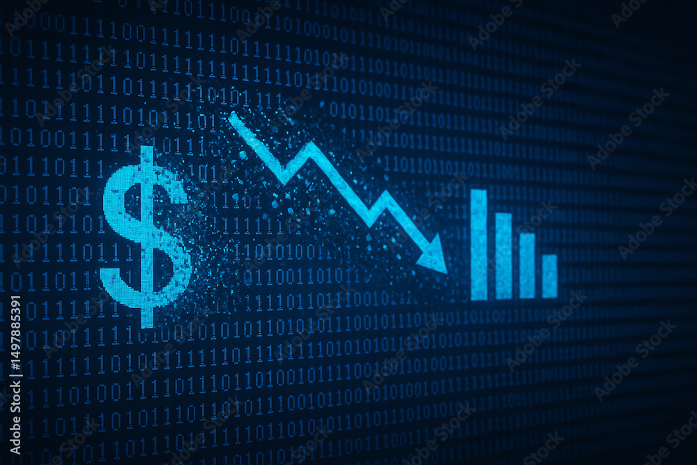 A digital representation of economic trends with a dollar sign, a declining graph, and data elements. Ideal for visualizing financial concepts and market fluctuations.