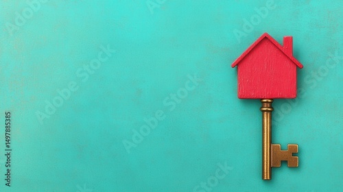 Red House Key on Aquamarine Background for Real Estate Concept