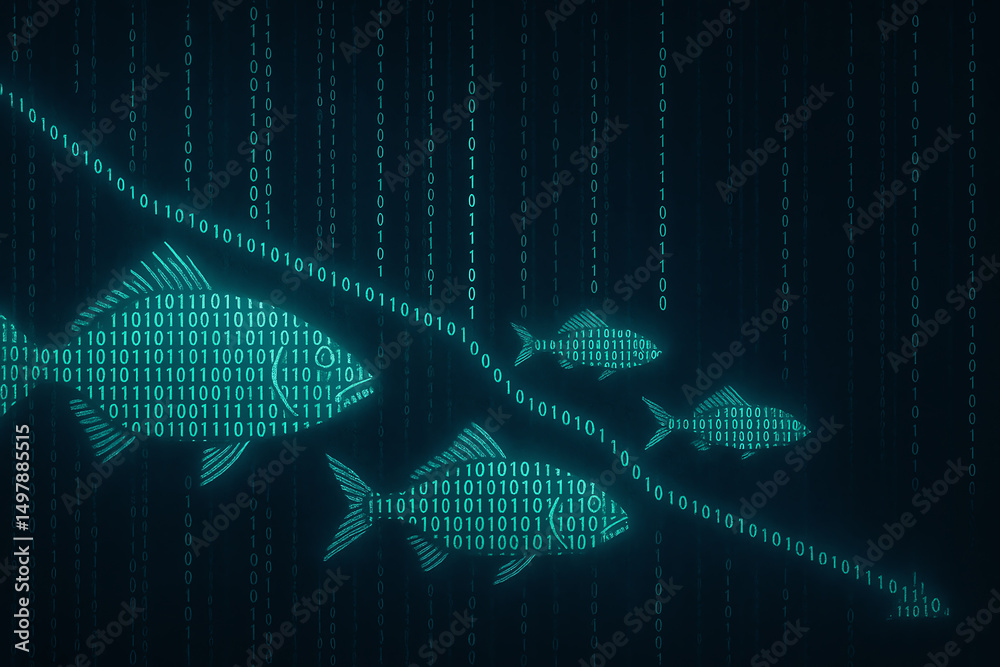 An abstract digital representation of fish swimming through a sea of binary code, symbolizing the intersection of nature and technology in the modern world.