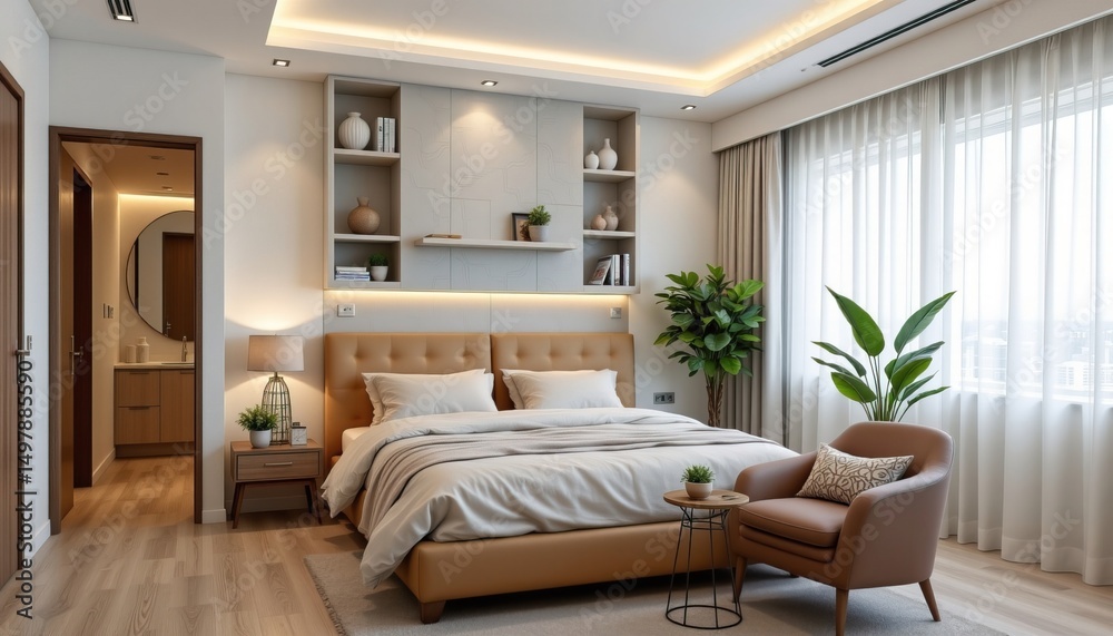 Elegant modern bedroom interior design with large windows, cozy bed, and stylish furniture in neutral tones Elegant modern bedroom interior design with large windows, cozy bed, and stylish furniture in neutral tones