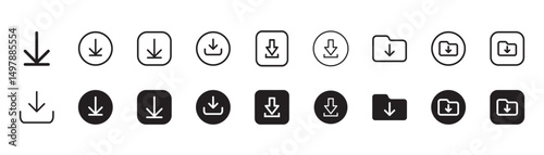 download icon set, isolated file download symbol, software download icon, upload icon, download icon as template for web page design, site or mobile app.