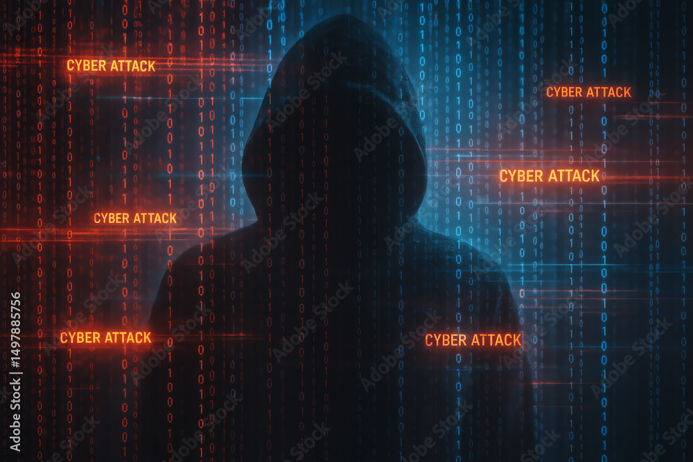 A mysterious figure in a hoodie stands against a backdrop of binary code, symbolizing the rise of cybersecurity threats and the prevalence of cyber attacks in the digital world.