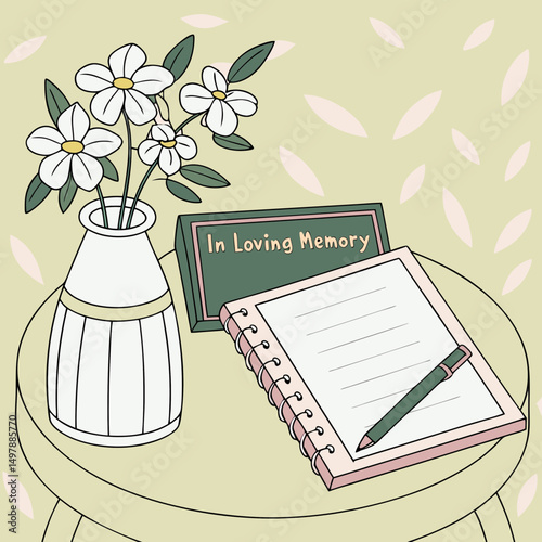 Memorial guestbook with flowers and sign in soft illustration