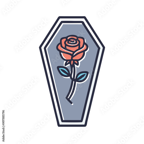 Coffin icon with rose illustration on white background