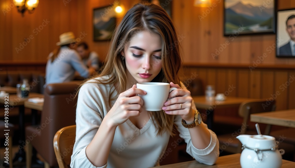 Young Woman Sipping Coffee in Cozy Cafe with Wooden Accents and Soft Lighting Atmosphere Young Woman Sipping Coffee in Cozy Cafe with Wooden Accents and Soft Lighting Atmosphere
