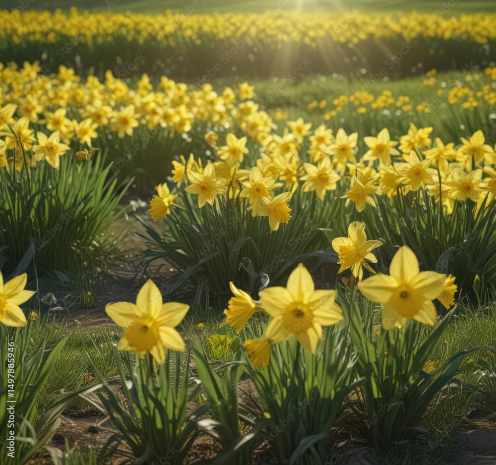 Fototapeta premium Sunlit daffodils burst forth in vibrant yellow against a verdant field , pictures, highquality, growth