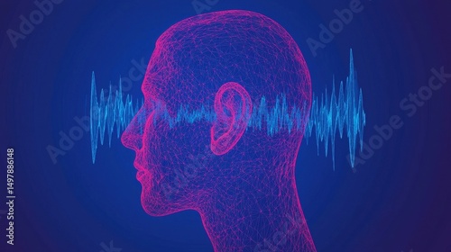 Abstract Wireframe Profile with Sound Wave Visualization in Blue and Pink