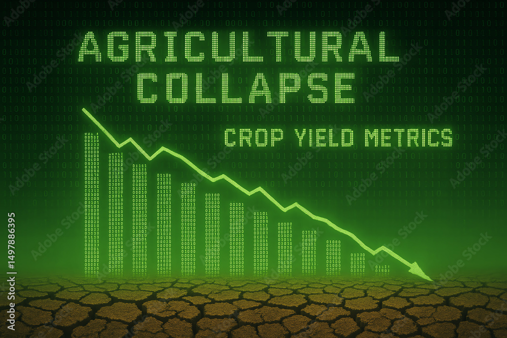 A digital representation of agricultural collapse, showcasing declining crop yield metrics on a green and cracked earth background. Represents pressing environmental concerns.