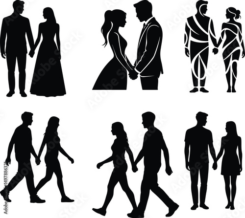 Romantic Couples Holding Hands – Black Silhouette Collection Couple Holding Hands Silhouette Set – Love & Romance Vector Icons