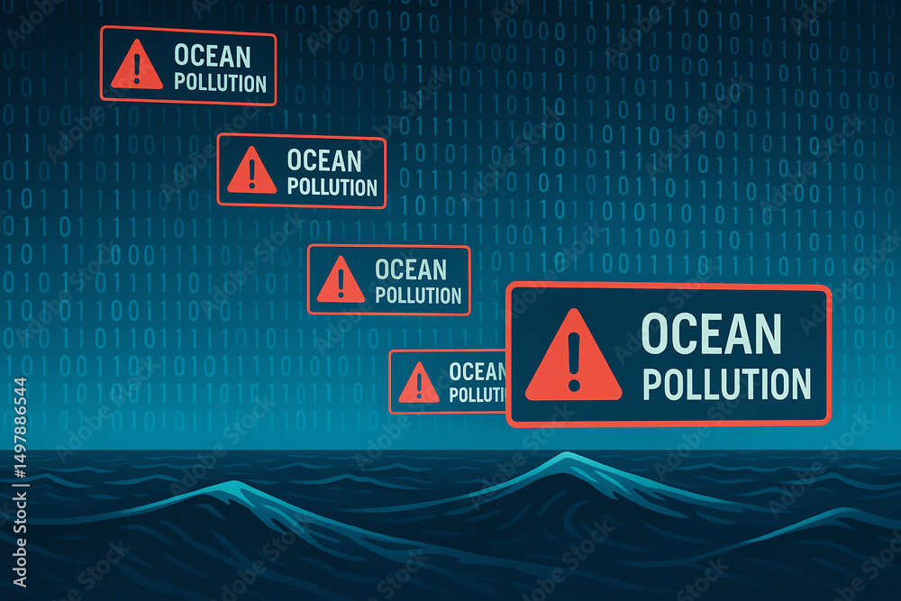 Illustration depicting the alarming issue of ocean pollution, featuring warning signs against a backdrop of waves and digital patterns, highlighting the urgency of environmental pr